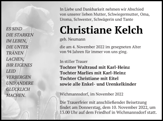 Traueranzeige von Christiane Kelch von Templiner Zeitung