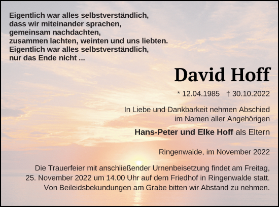 Traueranzeige von David Hoff von Templiner Zeitung