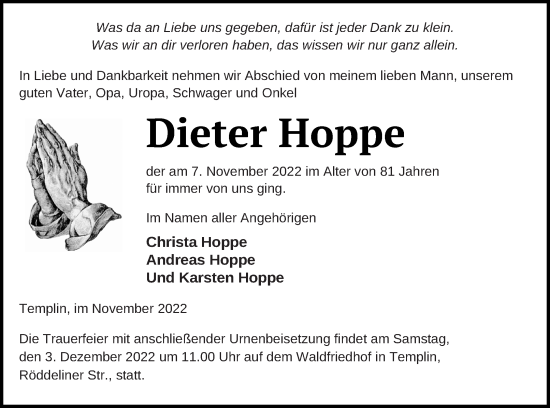Traueranzeige von Dieter Hoppe von Templiner Zeitung