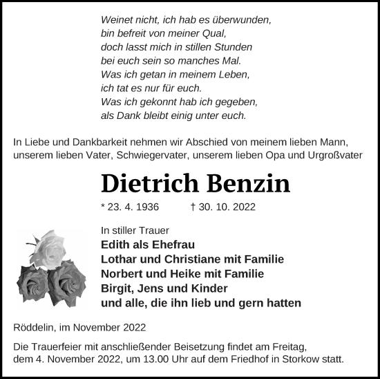 Traueranzeige von Dietrich Benzin von Templiner Zeitung