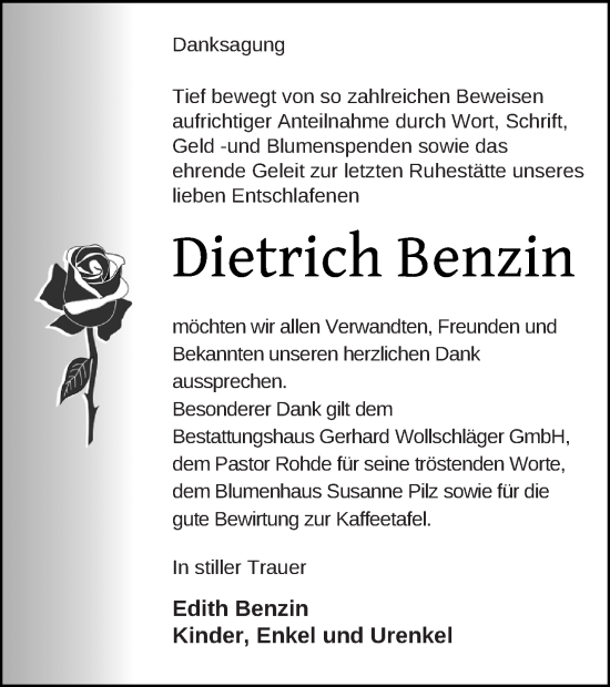 Traueranzeige von Dietrich Benzin von Templiner Zeitung