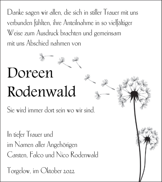 Traueranzeige von Doreen Rodenwald von Haff-Zeitung