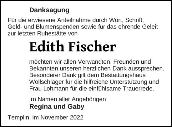 Traueranzeige von Edith Fischer von Templiner Zeitung