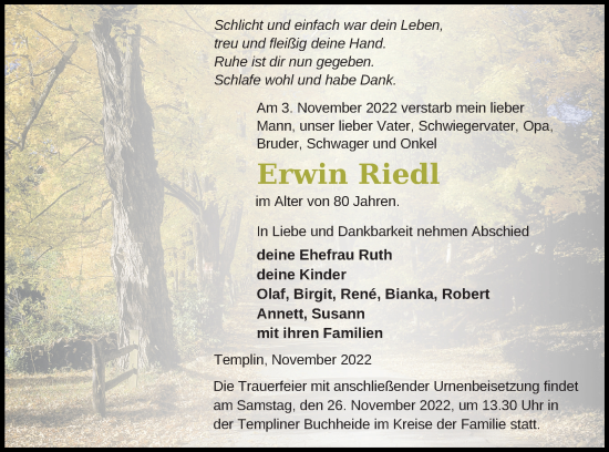 Traueranzeige von Erwin Riedl von Templiner Zeitung