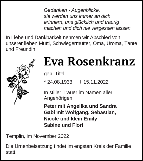 Traueranzeige von Eva Rosenkranz von Templiner Zeitung