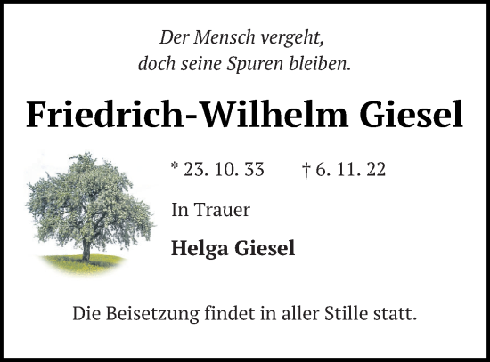 Traueranzeige von Friedrich-Wilhelm Giesel von Templiner Zeitung