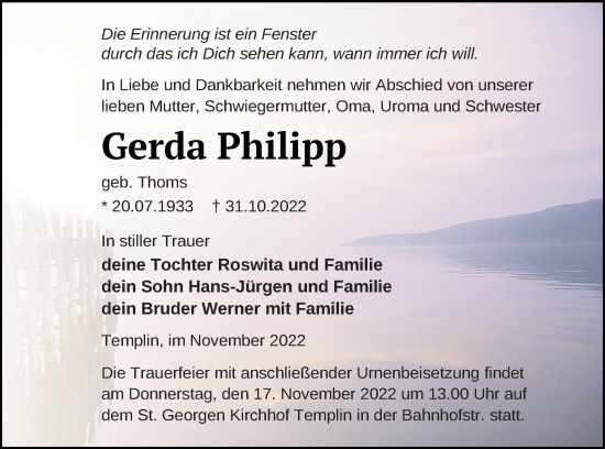 Traueranzeige von Gerda Philipp von Templiner Zeitung