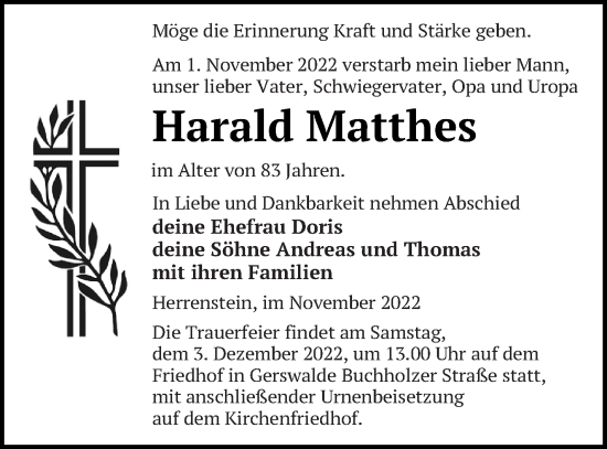 Traueranzeige von Harald Matthes von Templiner Zeitung