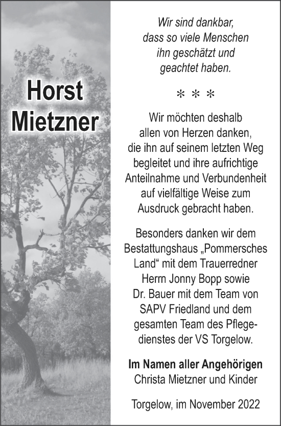 Traueranzeige von Horst Mietzner von Haff-Zeitung