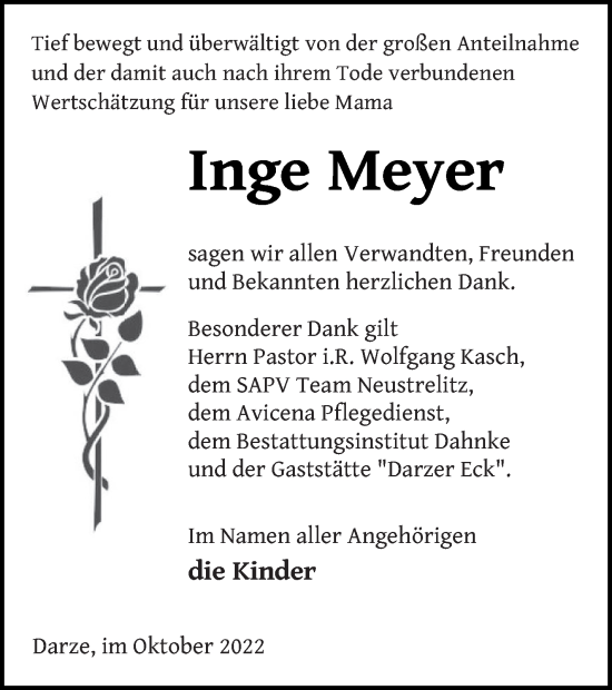 Traueranzeige von Inge Meyer von Müritz-Zeitung