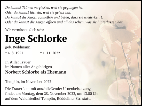 Traueranzeige von Inge Schlorke von Templiner Zeitung