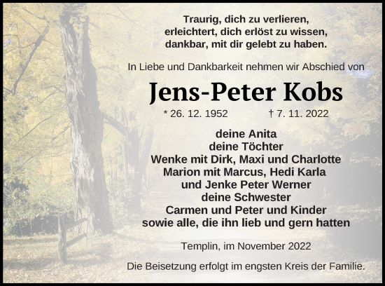 Traueranzeige von Jens-Peter Kobs von Templiner Zeitung