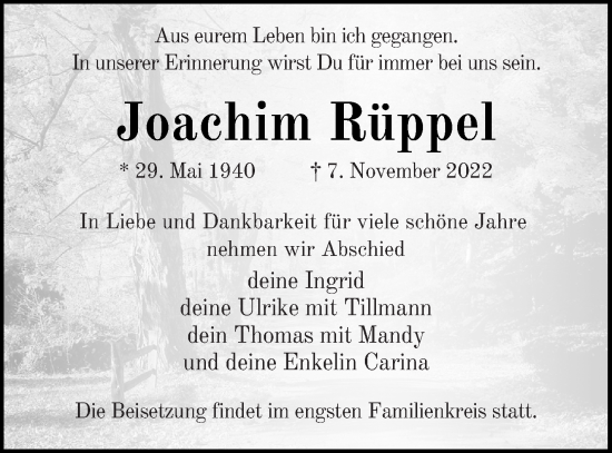 Traueranzeige von Joachim Rüppel von Templiner Zeitung