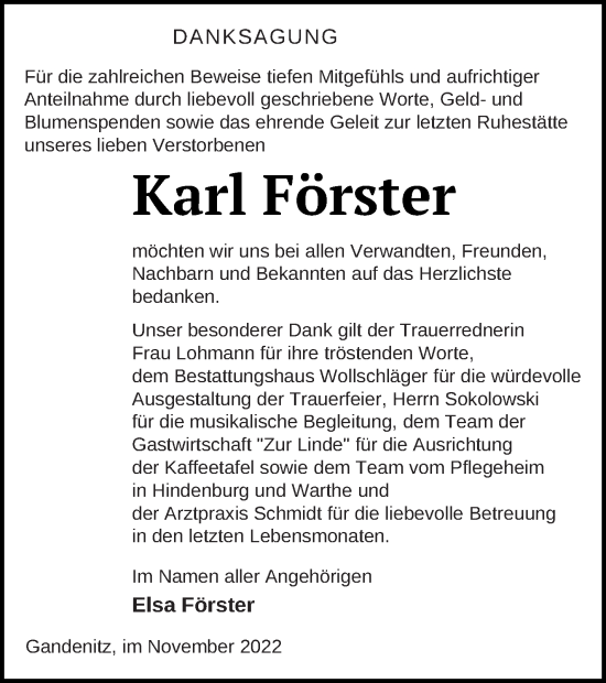 Traueranzeige von Karl Förster von Templiner Zeitung