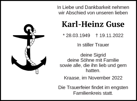 Traueranzeige von Karl-Heinz Guse von Müritz-Zeitung