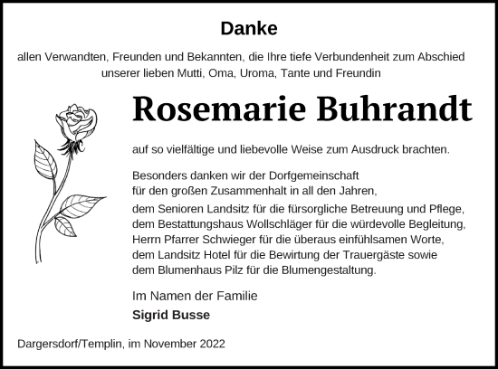 Traueranzeige von Rosemarie Buhrandt von Templiner Zeitung