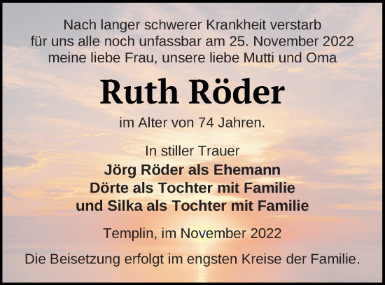 Traueranzeige von Ruth Röder von Templiner Zeitung