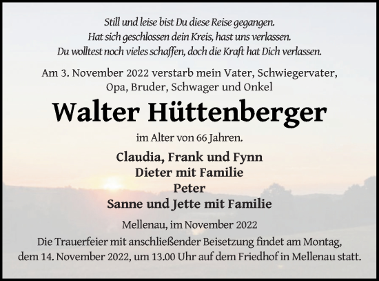 Traueranzeige von Walter Hüttenberger von Templiner Zeitung