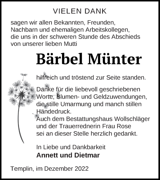 Traueranzeige von Bärbel Münter von Templiner Zeitung