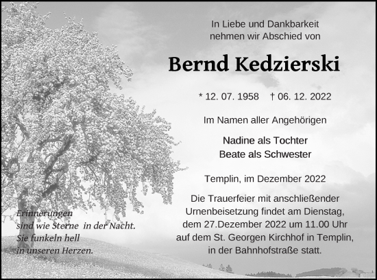 Traueranzeige von Bernd Kedzierski von Templiner Zeitung