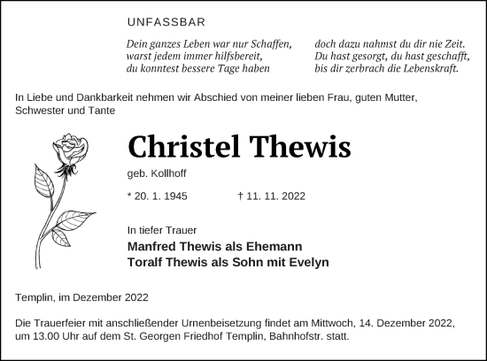 Traueranzeige von Christel Thewis von Templiner Zeitung