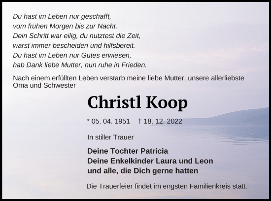 Traueranzeige von Christl Koop von Müritz-Zeitung