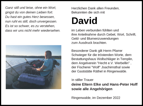 Traueranzeige von David Hoff von Templiner Zeitung