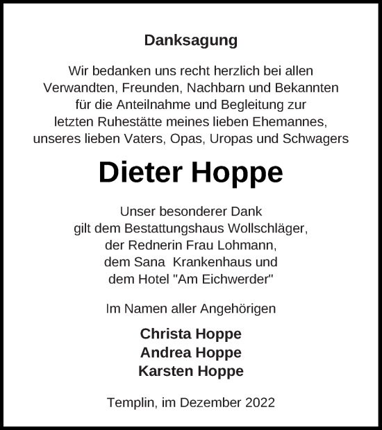 Traueranzeige von Dieter Hoppe von Templiner Zeitung