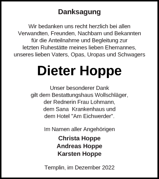 Traueranzeige von Dieter Hoppe von Templiner Zeitung