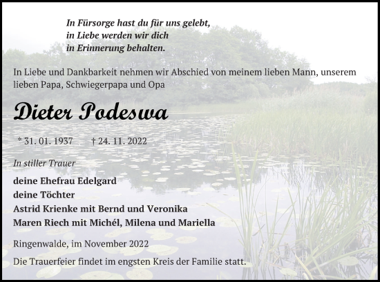 Traueranzeige von Dieter Podeswa von Templiner Zeitung