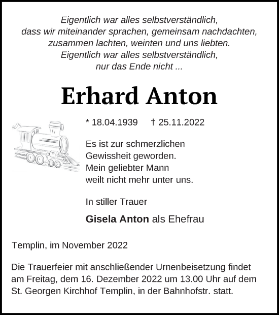 Traueranzeige von Erhard Anton von Templiner Zeitung