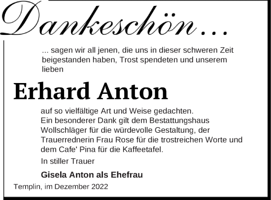 Traueranzeige von Erhard Anton von Templiner Zeitung