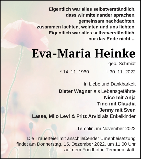 Traueranzeige von Eva-Maria Heinke von Templiner Zeitung