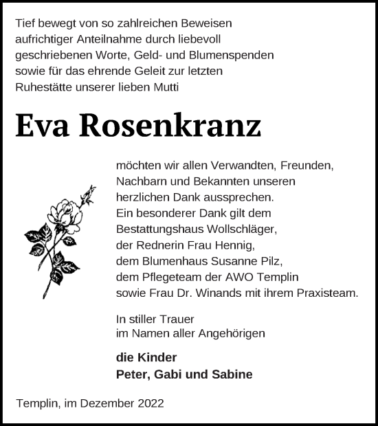 Traueranzeige von Eva Rosenkranz von Templiner Zeitung
