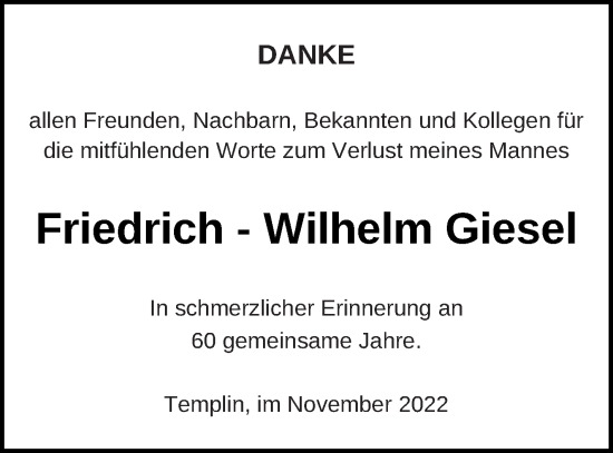 Traueranzeige von Friedrich-Wilhelm Giesel von Templiner Zeitung