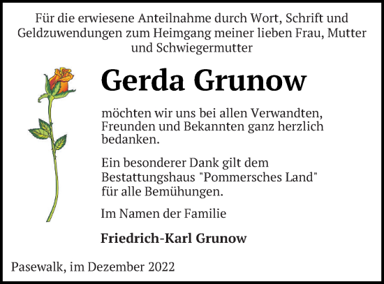 Traueranzeige von Gerda Grunow von Pasewalker Zeitung