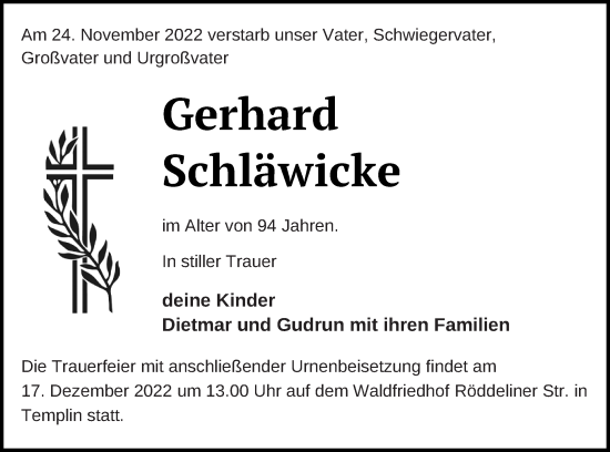 Traueranzeige von Gerhard Schläwicke von Templiner Zeitung
