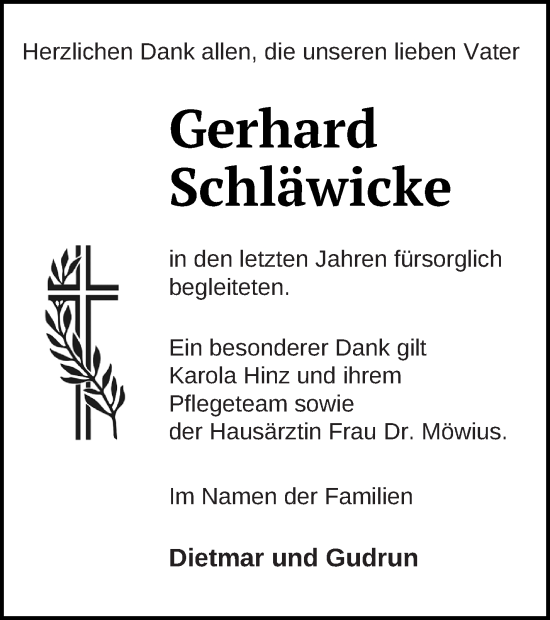 Traueranzeige von Gerhard Schläwicke von Templiner Zeitung