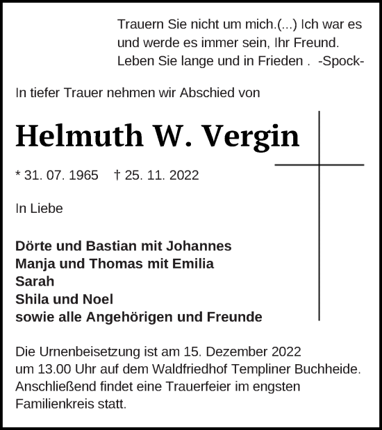 Traueranzeige von Helmuth W. Vergin von Templiner Zeitung