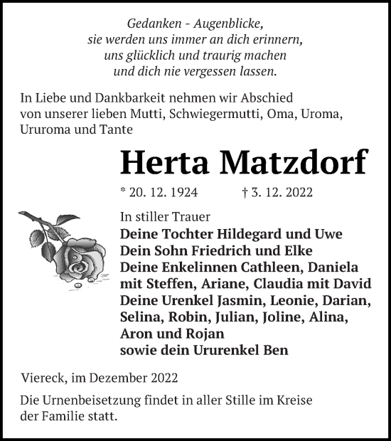 Traueranzeige von Herta Matzdorf von Pasewalker Zeitung