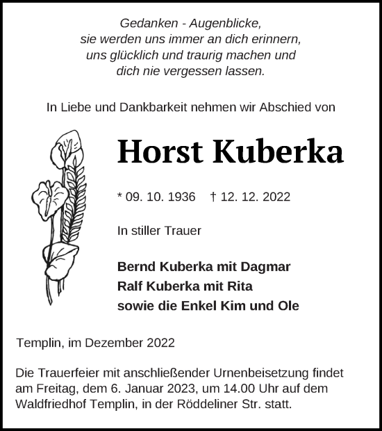 Traueranzeige von Horst Kuberka von Templiner Zeitung