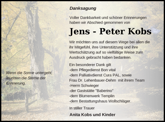 Traueranzeige von Jens-Peter Kobs von Templiner Zeitung