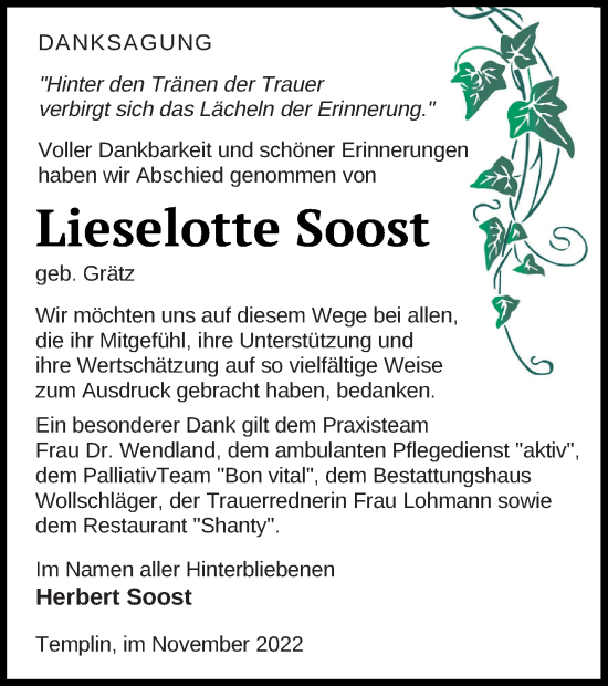Traueranzeige von Lieselotte Soost von Templiner Zeitung