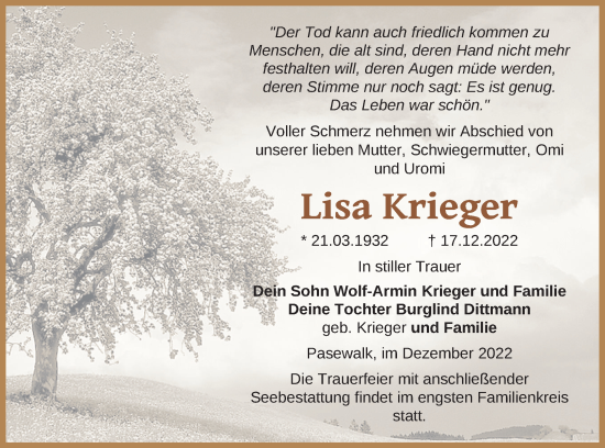 Traueranzeige von Lisa Krieger von Pasewalker Zeitung