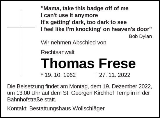 Traueranzeige von Thomas Frese von Templiner Zeitung