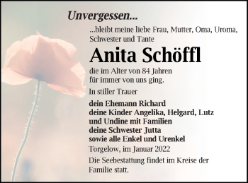 Traueranzeige von Anita Schöffl von Pasewalker Zeitung