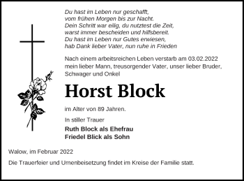 Traueranzeige von Horst Block von Müritz-Zeitung