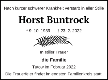 Traueranzeige von Horst Buntrock von Vorpommern Kurier