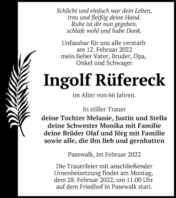 Traueranzeige von Ingolf Rüfereck von Pasewalker Zeitung
