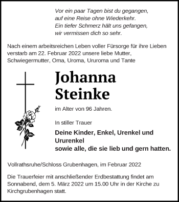Traueranzeige von Johanna Steinke von Müritz-Zeitung